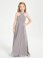 Grecian Neckline Long Dresses for Junior Bridesmaids Silver