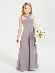 Grecian Neckline Long Dresses for Junior Bridesmaids Silver