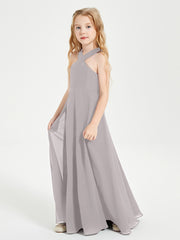 Grecian Neckline Long Dresses for Junior Bridesmaids Silver