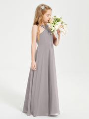 Grecian Neckline Long Dresses for Junior Bridesmaids Silver