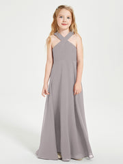 Grecian Neckline Long Dresses for Junior Bridesmaids Silver