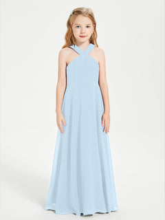 Grecian Neckline Long Dresses for Junior Bridesmaids Sky Blue