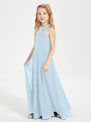 Grecian Neckline Long Dresses for Junior Bridesmaids Sky Blue