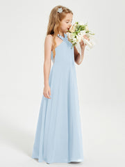Grecian Neckline Long Dresses for Junior Bridesmaids Sky Blue