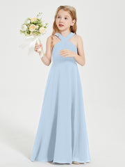 Grecian Neckline Long Dresses for Junior Bridesmaids Sky Blue
