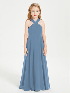 Grecian Neckline Long Dresses for Junior Bridesmaids Slate Blue