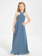Grecian Neckline Long Dresses for Junior Bridesmaids Slate Blue