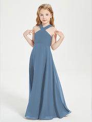 Grecian Neckline Long Dresses for Junior Bridesmaids Slate Blue