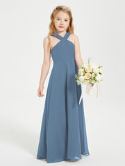 Grecian Neckline Long Dresses for Junior Bridesmaids Slate Blue