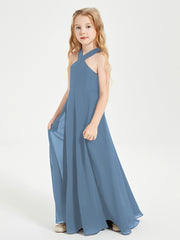 Grecian Neckline Long Dresses for Junior Bridesmaids Slate Blue