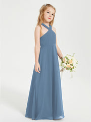 Grecian Neckline Long Dresses for Junior Bridesmaids Slate Blue