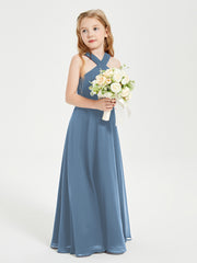 Grecian Neckline Long Dresses for Junior Bridesmaids Slate Blue