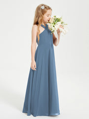 Grecian Neckline Long Dresses for Junior Bridesmaids Slate Blue