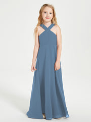 Grecian Neckline Long Dresses for Junior Bridesmaids Slate Blue