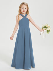 Grecian Neckline Long Dresses for Junior Bridesmaids Slate Blue