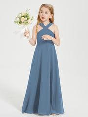Grecian Neckline Long Dresses for Junior Bridesmaids Slate Blue