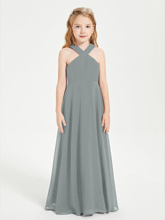 Grecian Neckline Long Dresses for Junior Bridesmaids Steel Grey