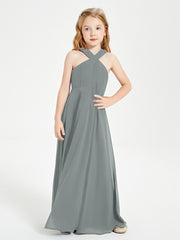 Grecian Neckline Long Dresses for Junior Bridesmaids Steel Grey
