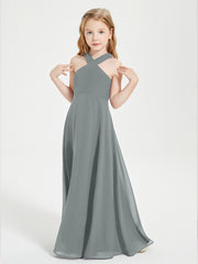 Grecian Neckline Long Dresses for Junior Bridesmaids Steel Grey