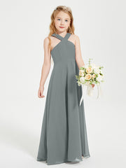 Grecian Neckline Long Dresses for Junior Bridesmaids Steel Grey