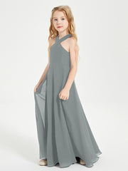 Grecian Neckline Long Dresses for Junior Bridesmaids Steel Grey