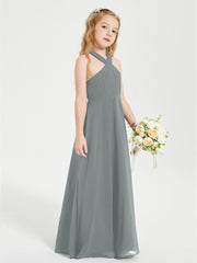 Grecian Neckline Long Dresses for Junior Bridesmaids Steel Grey