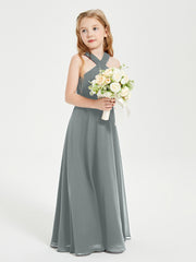 Grecian Neckline Long Dresses for Junior Bridesmaids Steel Grey