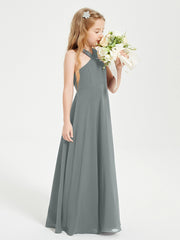 Grecian Neckline Long Dresses for Junior Bridesmaids Steel Grey
