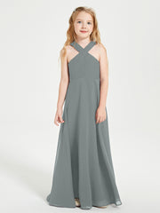 Grecian Neckline Long Dresses for Junior Bridesmaids Steel Grey