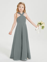Grecian Neckline Long Dresses for Junior Bridesmaids Steel Grey