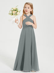 Grecian Neckline Long Dresses for Junior Bridesmaids Steel Grey