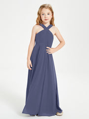 Grecian Neckline Long Dresses for Junior Bridesmaids Stormy