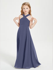 Grecian Neckline Long Dresses for Junior Bridesmaids Stormy