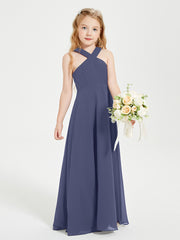 Grecian Neckline Long Dresses for Junior Bridesmaids Stormy