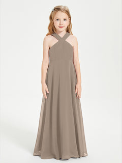 Grecian Neckline Long Dresses for Junior Bridesmaids Taupe