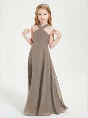 Grecian Neckline Long Dresses for Junior Bridesmaids Taupe