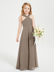 Grecian Neckline Long Dresses for Junior Bridesmaids Taupe