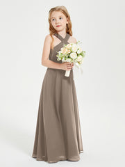 Grecian Neckline Long Dresses for Junior Bridesmaids Taupe