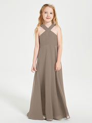 Grecian Neckline Long Dresses for Junior Bridesmaids Taupe