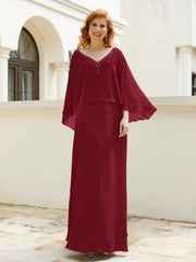 A-line V-Neck Chiffon Gown With Beading Cascading Ruffles Burgundy