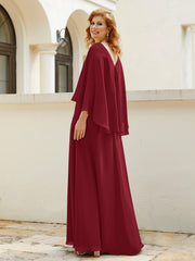 A-line V-Neck Chiffon Gown With Beading Cascading Ruffles Burgundy