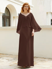 A-line V-Neck Chiffon Gown With Beading Cascading Ruffles Chocolate Plus Size