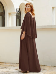 A-line V-Neck Chiffon Gown With Beading Cascading Ruffles Chocolate Plus Size