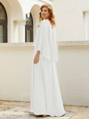 A-line V-Neck Chiffon Gown With Beading Cascading Ruffles Ivory Plus Size