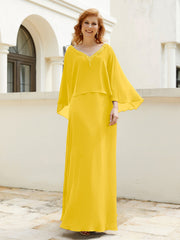 A-line V-Neck Chiffon Gown With Beading Cascading Ruffles Marigold Plus Size