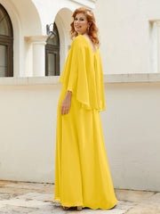 A-line V-Neck Chiffon Gown With Beading Cascading Ruffles Marigold Plus Size