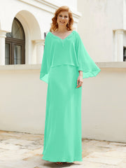 A-line V-Neck Chiffon Gown With Beading Cascading Ruffles Turquoise Plus Size