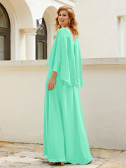 A-line V-Neck Chiffon Gown With Beading Cascading Ruffles Turquoise Plus Size