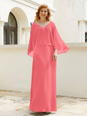 A-line V-Neck Chiffon Gown With Beading Cascading Ruffles Watermelon