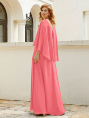 A-line V-Neck Chiffon Gown With Beading Cascading Ruffles Watermelon